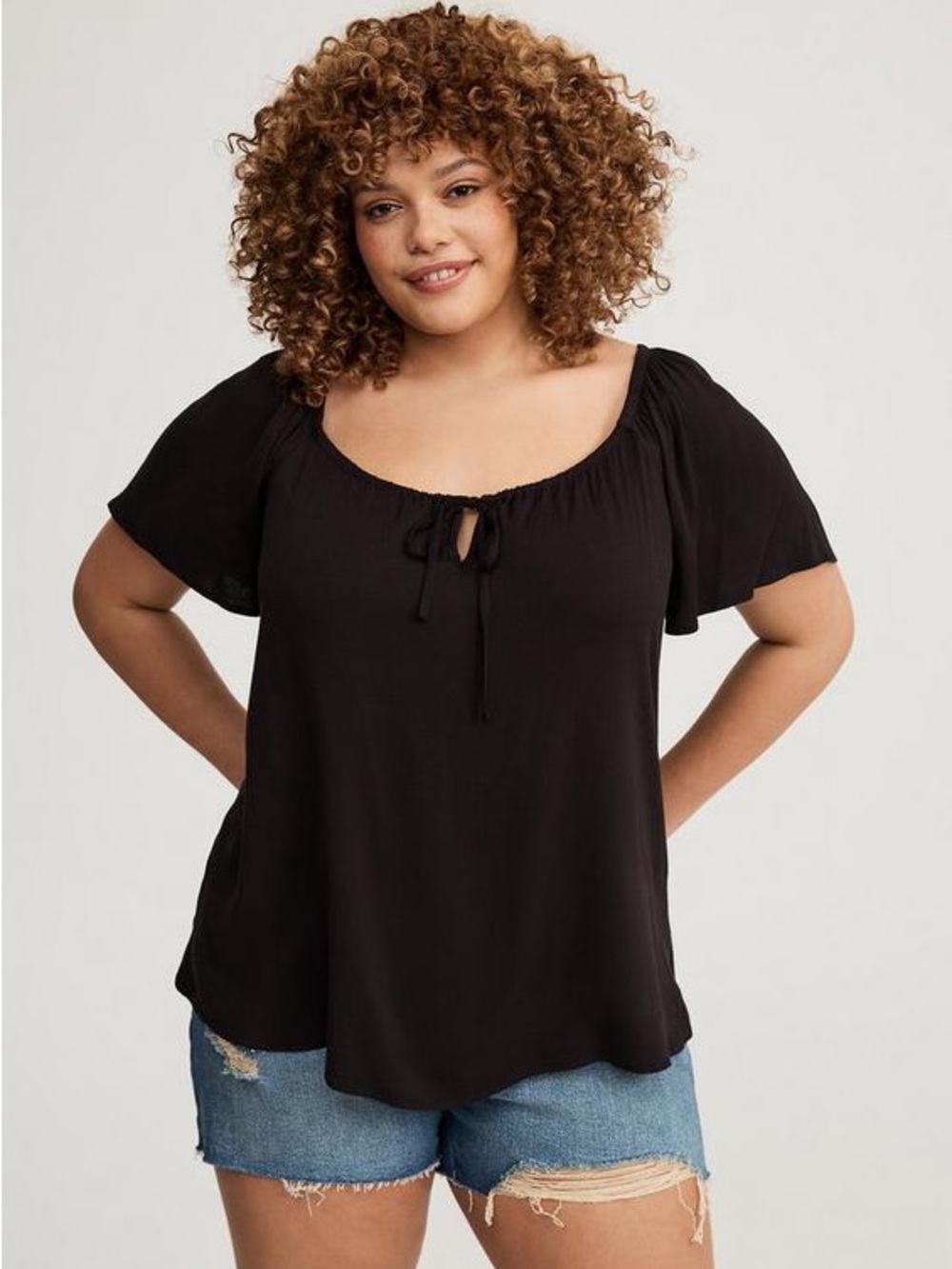 torrid Black Tie-Front Flutter Sleeve Scoop Neck Peasant Blouse NWOT